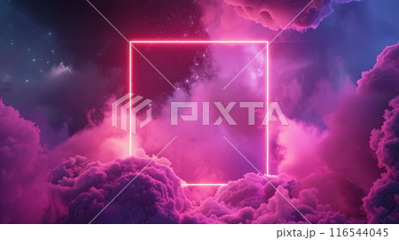 A neon pink glowing frame floats amidst vibrant, fluffy clouds in a starry, surreal sky 116544045