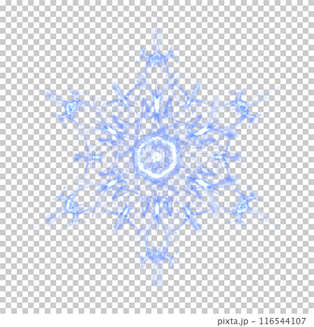 Blue glowing transparent snowflake, isolated. Merry Christmas and Happy New Year. Simple neon light. Shining winter, xmas lamp. Fluorescent, luminescent illumination. Png 116544107