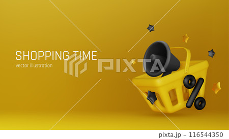3d Banner for online shopping - realistic gift bags. Vector illustration. 116544350