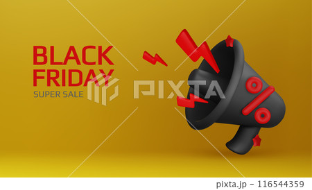 Holiday Black Friday Sale. Realistic 3d objects, percent sign, megaphone loudspeaker, lightning. vector illustration Holiday Black Friday Sale. Realistic 3d objects, percent sign, megaphone loudspeaker, lightning. vector illustration 116544359