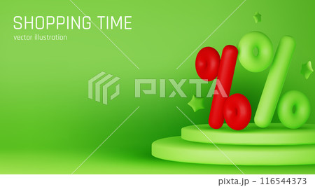 Sale background. 3D green podium. Product exhibition. Discount percent. Shopping offer. Shop promotion. Glowing showcase. Vector banner design Sale background. 3D green podium. Product exhibition. Discount percent. Shopping offer. Shop promotion. Glowing showcase. Vector banner design 116544373