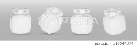 3d gift boxes set with white ribbon bow isolated on a white background. 3d render flying modern holiday closed surprise box. 3d gift boxes set with white ribbon bow isolated on a white background. 3d render flying modern holiday closed surprise box. 116544374