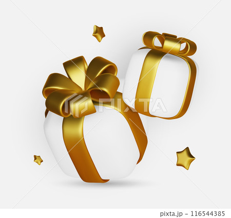 Gift boxes isolated on white. 3d white gift boxes with golden ribbon and bow. Birthday celebration concept. Vector illustration. Gift boxes isolated on white. 3d white gift boxes with golden ribbon and bow. Birthday celebration concept. Vector illustration. 116544385