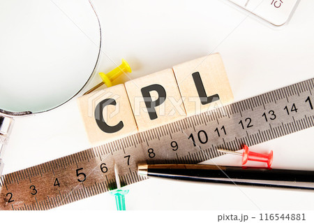 CPL Cost Per Lead acronym, business concept CPL word on wooden cubes laid out along the measuring ruler CPL Cost Per Lead acronym, business concept CPL word on wooden cubes laid out along the measuring ruler 116544881