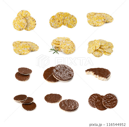 Puffed Rice Cake with Chocolate Isolated, Rice Diet Bread, Waffle, Cocoa Crackers 116544952