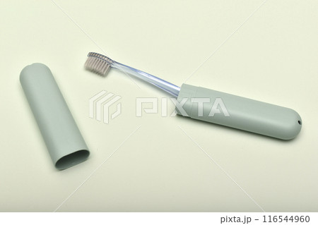 A toothbrush case and a toothbrush on a green background. 116544960