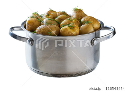 boiled new potatoes in a pot isolated on a white background. 116545454