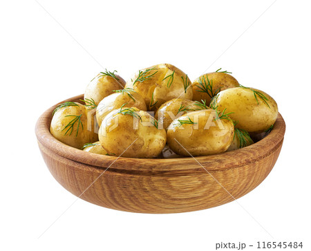 boiled new potatoes with fresh dill in a wooden bowl isolated on a white background. 116545484