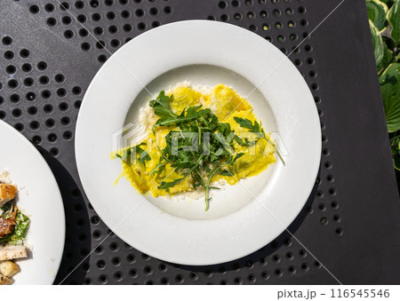Caesar Salad, Green Lettuce Salat with Chicken and Parmesan Cheese Closeup 116545546
