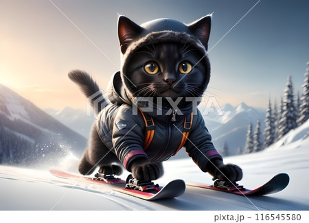 sports cat is dressed warmly, he is skiing, winter 116545580