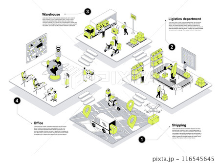 Delivery company 3d isometric concept in outline design for web. People working in isometry rooms in office, shipping and logistics departments, loading parcels in warehouse. Vector illustration. 116545645