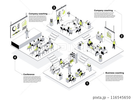 Business training 3d isometric concept in outline design for web. People learning in isometry rooms at company coaching, conference meeting hall, teacher presentation class. Vector illustration. Business training 3d isometric concept in outline design for web. People learning in isometry rooms at company coaching, conference meeting hall, teacher presentation class. Vector illustration. 116545650