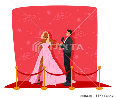 Elegant Female Celebrity Character In A Pink Gown Is Being Interviewed By A Male Reporter On The Red Carpet, Vector Elegant Female Celebrity Character In A Pink Gown Is Being Interviewed By A Male Reporter On The Red Carpet, Vector 116545823
