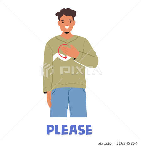 Smiling Man Showing The Word Please In Sign Language. Vector Image For Educational Content, Promoting Communication Smiling Man Showing The Word Please In Sign Language. Vector Image For Educational Content, Promoting Communication 116545854