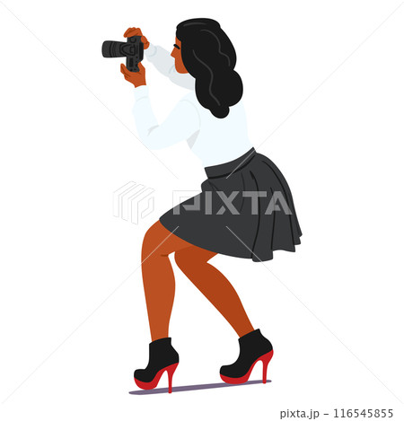 Professional Female Photographer With A Dslr Camera In Action, Focusing On Capturing The Perfect Shot Professional Female Photographer With A Dslr Camera In Action, Focusing On Capturing The Perfect Shot 116545855