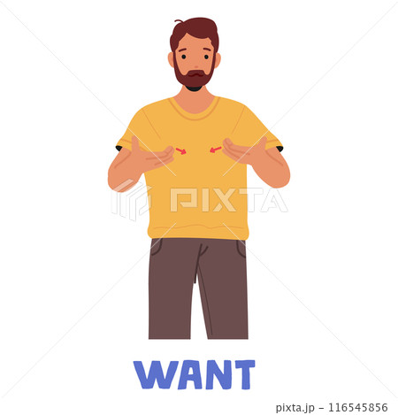 Man Demonstrating American Sign Language Sign For Want. Male Character Wears Yellow Shirt And Brown Pants Man Demonstrating American Sign Language Sign For Want. Male Character Wears Yellow Shirt And Brown Pants 116545856