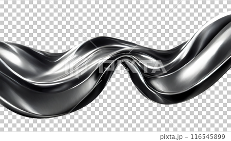 Abstract fluid metal bent form. Metallic shiny curved wave in motion. Cut out design element steel texture effect. 116545899