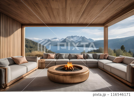 Luxurious Outdoor Seating with Mountain Lake View and Central Fire Pit 116546171