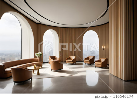 Elegant High-Rise Lounge with Panoramic City Views 116546174