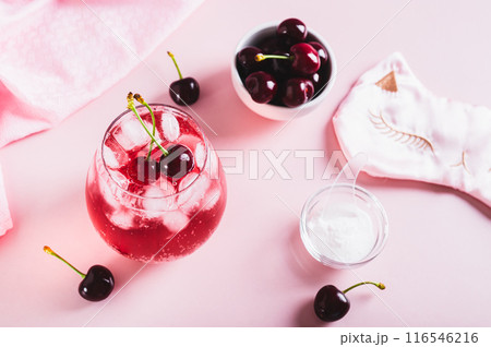Sleepy girl mocktail with magnesium and cherry juice in a glass on the table 116546216