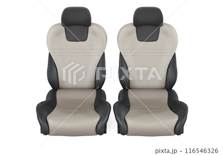 Two leather bucket seats, car seats. Front view. 3D rendering Two leather bucket seats, car seats. Front view. 3D rendering 116546326