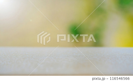 Empty wooden deck table over blurred nature background. Smooth stage for trendy product presentation. 116546566