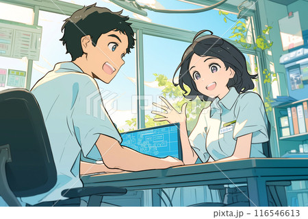 業務の状況を確認し合うエンジニア男女_精密イラスト2 業務の状況を確認し合うエンジニア男女_精密イラスト2 116546613