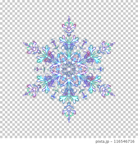 Glowing transparent snowflake, isolated. Neon light. Shining futuristic digital art. Png 116546716