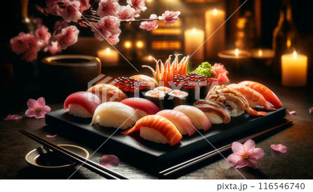 Assorted Japanese traditional fresh seafood dish, such as sashimi and sushi, arranged on a wooden black slate. Generative AI 116546740