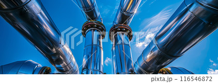 A Daytime View of Gas Pipeline Supports Under a Blue Sky 116546872