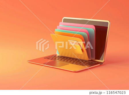 3D folder in laptop. Office file in computer. Business data document. Server backup technology. Web archive database. Online app and internet network 116547023