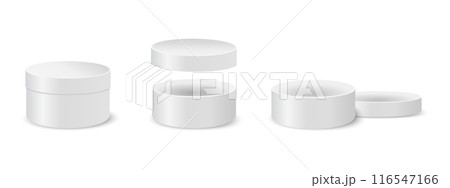 Round boxes with closed and open lids. Rounded containers for gifts or hats, cosmetics or medicine, sweets or cookies. Silver cylindrical tin or cardboard packages. Vector realistic illustration 116547166