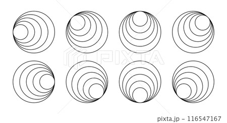 Internally tangent circles. Sonic boom or sound wave sign. Clamshells shapes. Hawaiian earrings. Simple geometric figures. Concentric rings isolated on white background. Vector graphic illustration 116547167