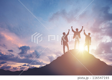 Silhouette of a team celebrating a victory against sunset background, concept of victory and leadership Silhouette of a team celebrating a victory against sunset background, concept of victory and leadership 116547193