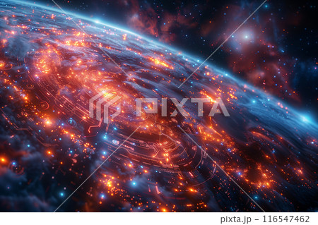 Fiery orange digital background with dark space. Universe of the future. Planet with orange foci in foreground. Horizontal. Fiery orange digital background with dark space. Universe of the future. Planet with orange foci in foreground. Horizontal. 116547462