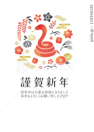 和の植物と巳のデザイン年賀状水彩赤黒金 116548185