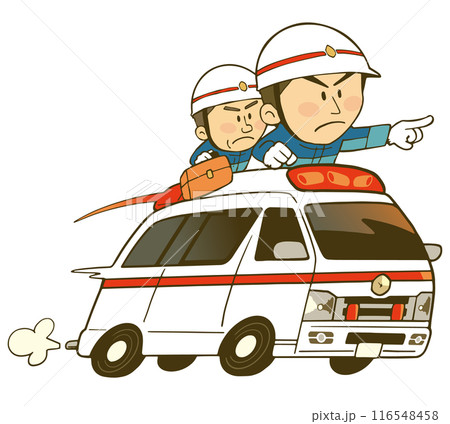 救急車とそれに乗っている救急隊員のイラスト素材 116548458