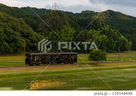 夕日が反射する平成筑豊鉄道500型「黒銀(KUROGIN)」 夕日が反射する平成筑豊鉄道500型「黒銀(KUROGIN)」 116548698