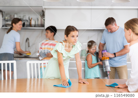 Teenage girls wash dining tables and help to do household chores, family day. 116549080