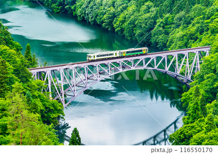福島 只見線　第一只見川橋梁を渡る列車 116550170
