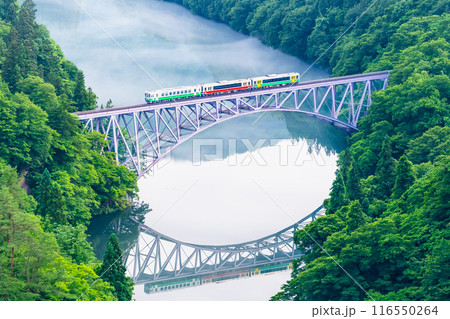 福島 只見線 川霧の第一只見川橋梁を渡る3両編成の列車 福島 只見線 川霧の第一只見川橋梁を渡る3両編成の列車 116550264