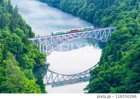 福島 只見線 川霧の第一只見川橋梁を渡る3両編成の列車 福島 只見線 川霧の第一只見川橋梁を渡る3両編成の列車 116550266