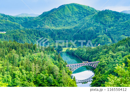 福島 只見線　第一只見川橋梁を渡る列車 116550412