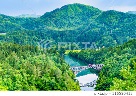 福島 只見線　第一只見川橋梁を渡る列車 116550413