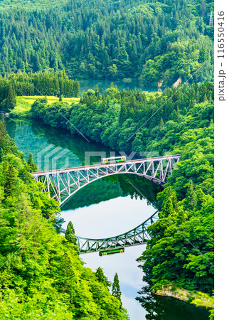 福島 只見線　第一只見川橋梁を渡る列車 116550416