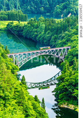 福島 只見線　第一只見川橋梁を渡る列車 116550417