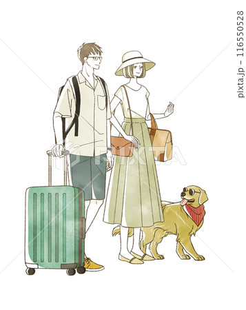 夏に旅行をする男女と犬 116550528