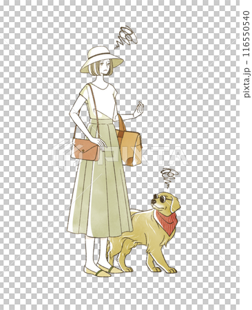 A woman with a troubled expression and her dog traveling in the summer 116550540