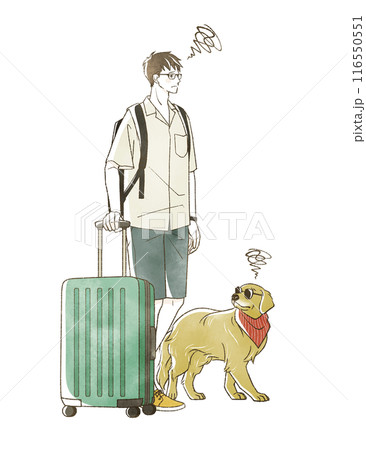 夏に旅行をする困った表情の男性と犬 夏に旅行をする困った表情の男性と犬 116550551