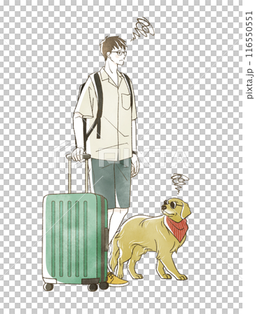 夏に旅行をする困った表情の男性と犬 夏に旅行をする困った表情の男性と犬 116550551